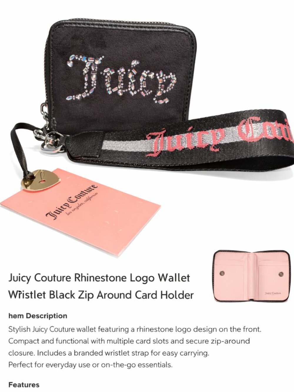 Juicy Couture Rhinestone Logo Wallet Wristlet Black Zip Around Card Holder